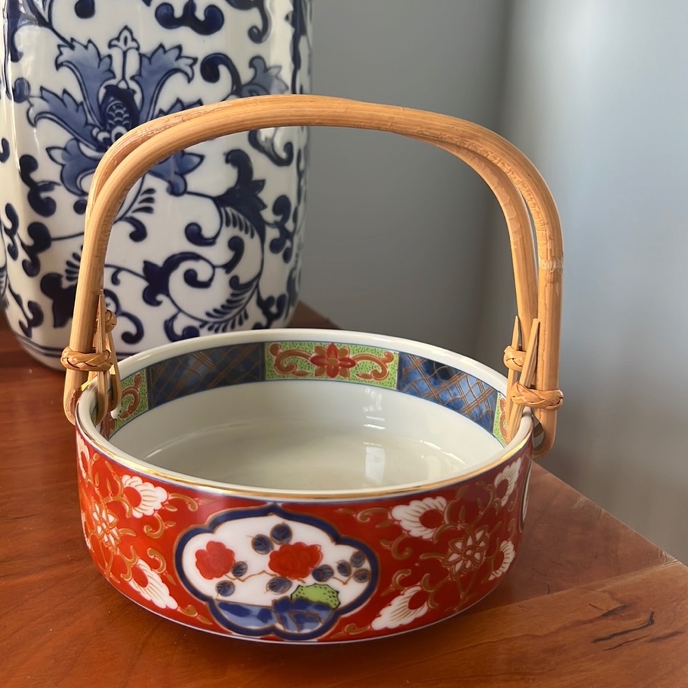 Japanese vintage Takahashi serving dish with bamboo handle